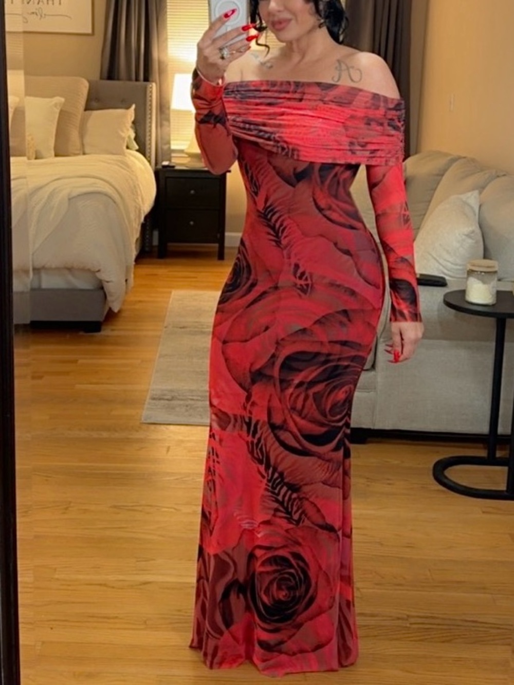 AFRM Off-Shoulder Red Floral Evening Dress